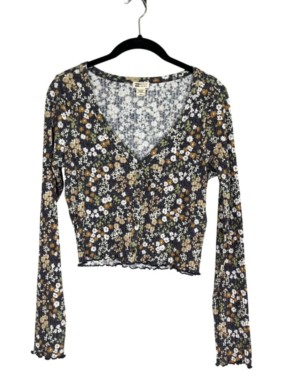 Billa Bong‎ Floral Crop Top Gray L Boho Indie Folk Peasant Hippie y2K Festival